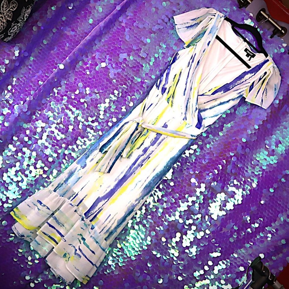 BRIGHT WRAP DRESS 12 DKNY White Blue Yellow Sun Summer Vacation Beach Packable